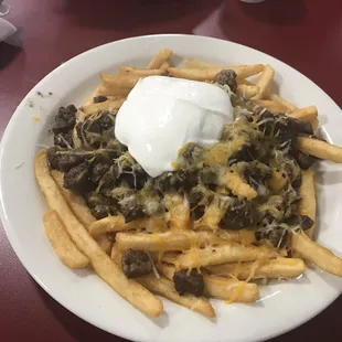 Carne asada fries w/o pico de gallo, pretty good for a cafe.