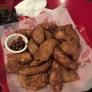 Fried wings -- super crunchy! Comes with a side of sweet soy sauce