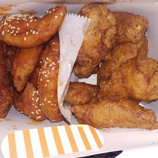 Here's my large order of chicken wings. The right side are the sweet chili &amp; left are soy garlic.