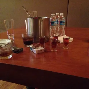 a table with a variety of drinks