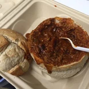 Chili in a fresh baked bread bowl from Cornerstone!