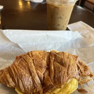 Breakfast Croissant with Ham, Cheese &amp; 2 Eggs and a Vietnamese iced coffee