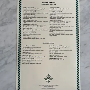 Menu of cocktails, only available after 4 pm