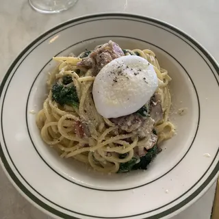 Breakfast Spaghetti, Bacon, Spinach, Poached Egg