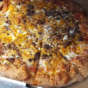 This is a X-large, four-cheese pizza with beef! This is one of my favorites at Stefano&apos;s.