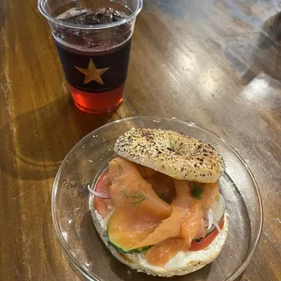Lox and cream cheese with cucumber, tomato, capers and fresh dill.