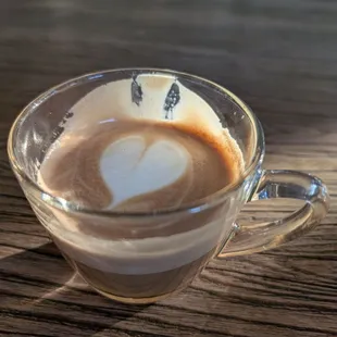 Double pingo - also known as a cortado - in one of the many eclectic &quot;for here&quot; glasses