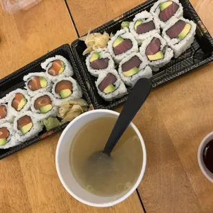 Salmon Roll and Tuna Roll and Miso Soup