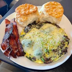 Wild mushroom-spinach-havarti frittata with jalapeño bacon and two biscuits. I added the bacon and the 2nd biscuit