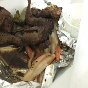 Yummy soy sauce glaze quail- chim cut ro ti. I ate 2 pieces out of it.