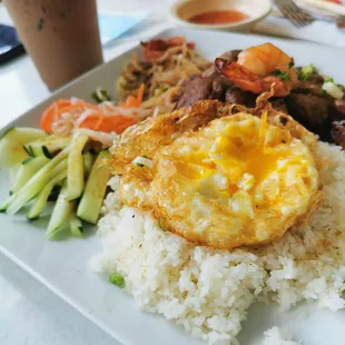 Pork Rice plate, Shrimp, pork chop, Vietnamese Meat loaf.