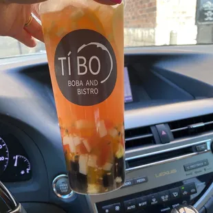 Guava and passion fruit tea with boba and mixed jelly! So yummy!