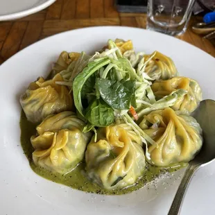 27. Ngotsel Momo (Steamed Dumplings w/ Spinach, Feta, &amp; Mozzarella)