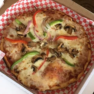 6-18-2021 vegetarian whole pizza - cheese with little sauce mushrooms bell peppers and onion. $13
