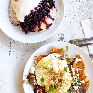 Chilaquiles and blueberry lemon ricotta pancakes