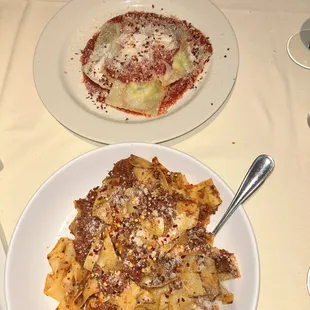 ravioli on top &amp; parpadelle with bolognese sauce on the bottom