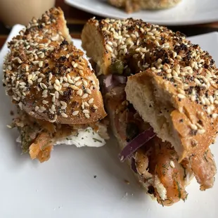 a sandwich cut in half on a plate