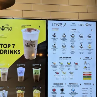 a menu and drinks displayed on a wall