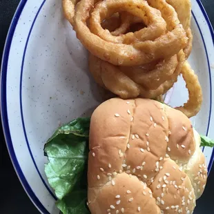 USA Old Fashioned Burger with side of onion rings