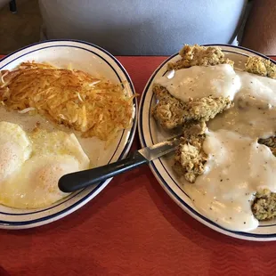 Chicken fried steak, eggs over easy, hash browns