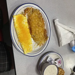 I cheese omelette is my favorite with hash browns and biscuits and gravy. Yummy!