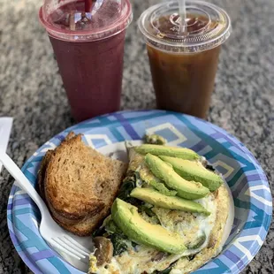 Garden omelette,açaí smoothie, and iced coffee. All good