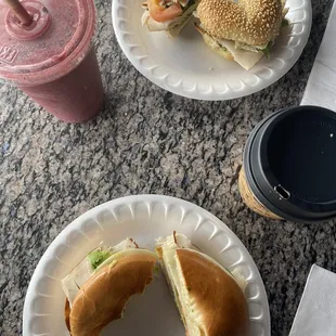 Windansea + california bagel with large fruit smoothie and small chai latte