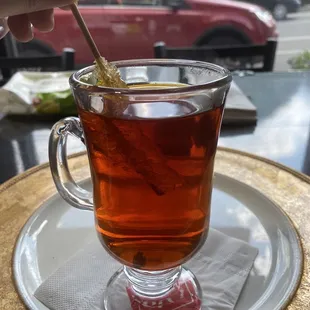 Saffron Tea (Saffron/cardamom) with a cute rock candy stirrer! The flavors are so fresh