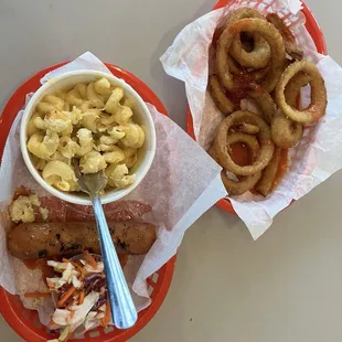 Sausage, Mac and cheese and onion rings