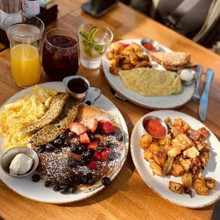 Pancakes, sausages, eggs and potatoes