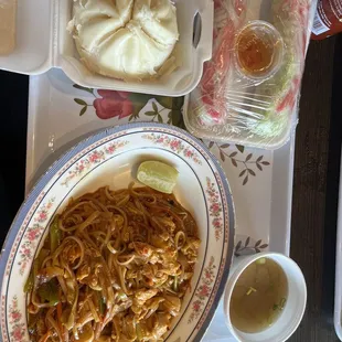 Pad Thai, pork bun, spring rolls