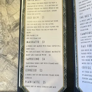 Coffee menu