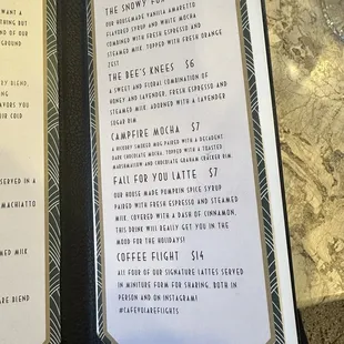 Coffee menu