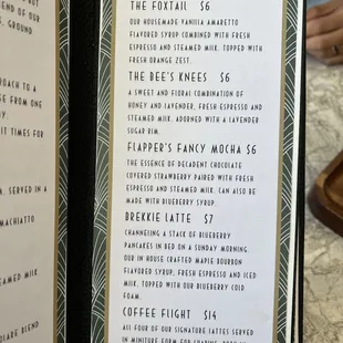 Coffee menu