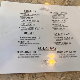 Drinks menu