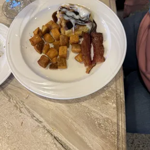 Cinnamon roll waffle with potatoes &amp; bacon