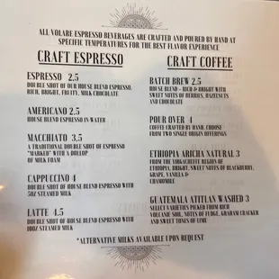 Coffee menu
