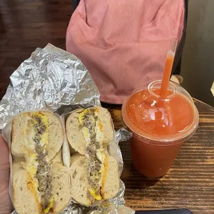 Bulgogi Egg &amp; Cheese on Plain Bagel  Smoothie (strawberry mango)