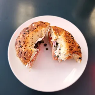 Lox Bagel Sandwich - very tasty; tomato, onions, capers, smoked salmon and cream cheese on an everything bagel