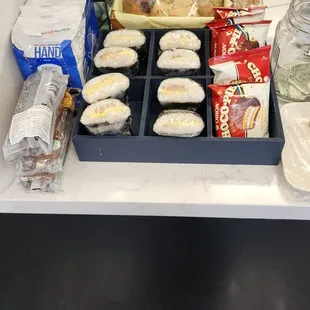 Spam musubi + ChocoPie (iykyk) + 약과 (sweet savory biscuit-ish snack) + cookies