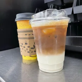 Iced latte and hot Fresh Brewed Coffee