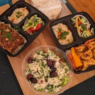 orzo salad, eggplant platter and chicken kebab