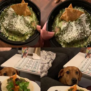 Guacamole and Chips, chicken, Refried Black Beans, Sauteed Spinach