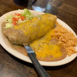 Combination plate green chile burrito with rice and beans