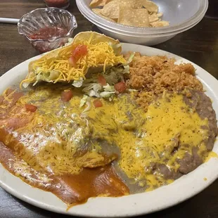 Cheese Enchilada, Chile Relleno and Crispy Beef taco.