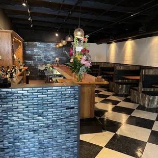 a black and white checkered floor