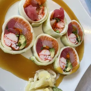 Sashimi wrapped in cucumber.