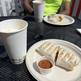 Breakfast burrito and latte