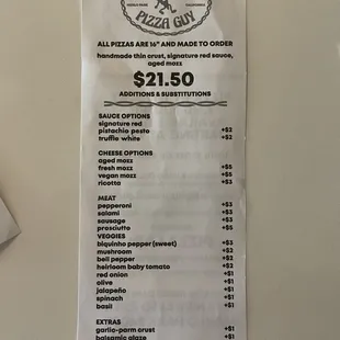 Pizza menu