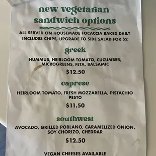 Veg sando menu